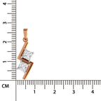 A rose gold pendant with two princess-cut clear stones, shown next to a centimeter ruler for scale on a white background.