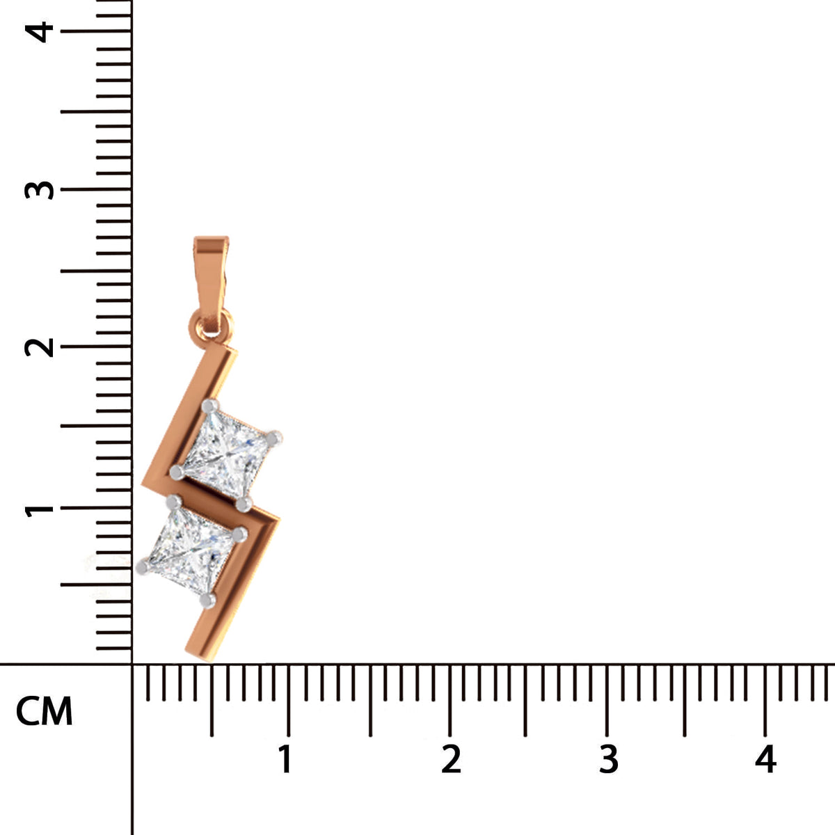 A rose gold pendant with two princess-cut clear stones, shown next to a centimeter ruler for scale on a white background.
