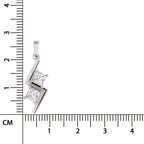 A silver lightning bolt pendant with two princess-cut clear stones, shown next to a centimeter ruler for scale on a white background.