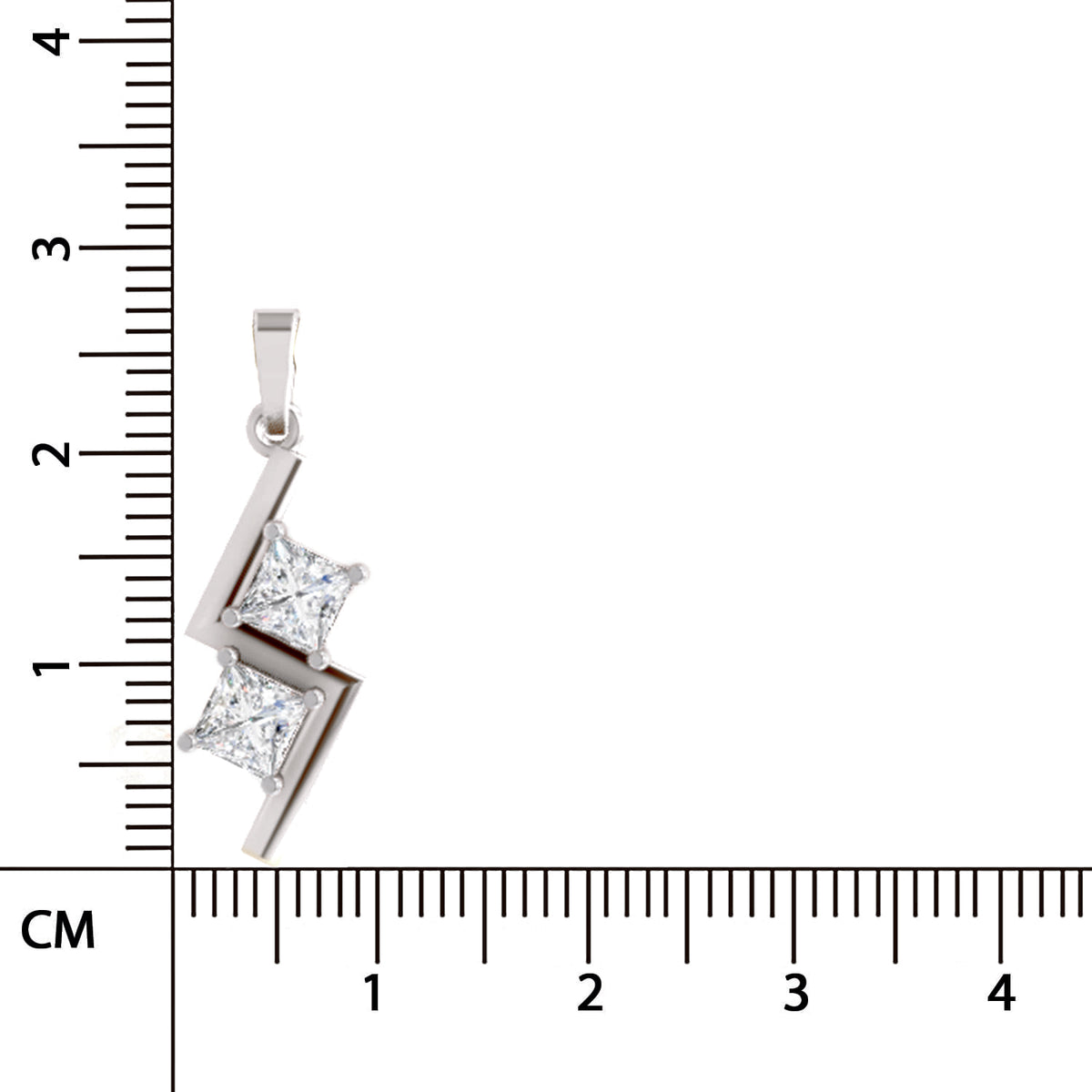 A silver lightning bolt pendant with two princess-cut clear stones, shown next to a centimeter ruler for scale on a white background.