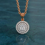 Diamond pendant necklace on a blue textured background
