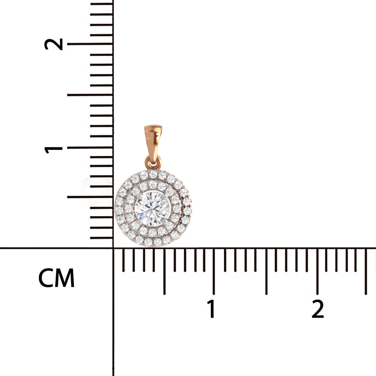 Diamond pendant with rose gold bail on a white background with measurement scale.