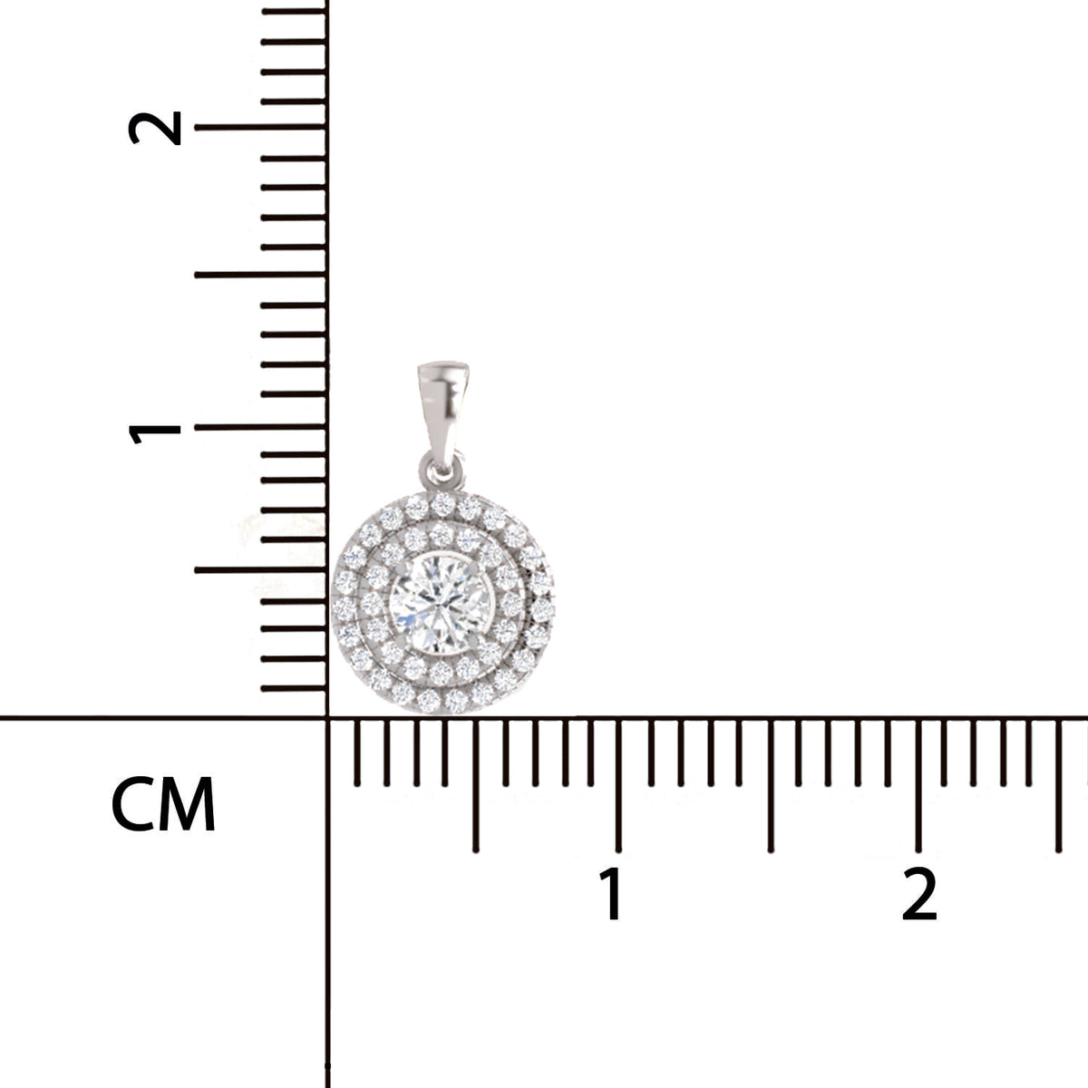 Diamond pendant with a ruler for scale on a white background