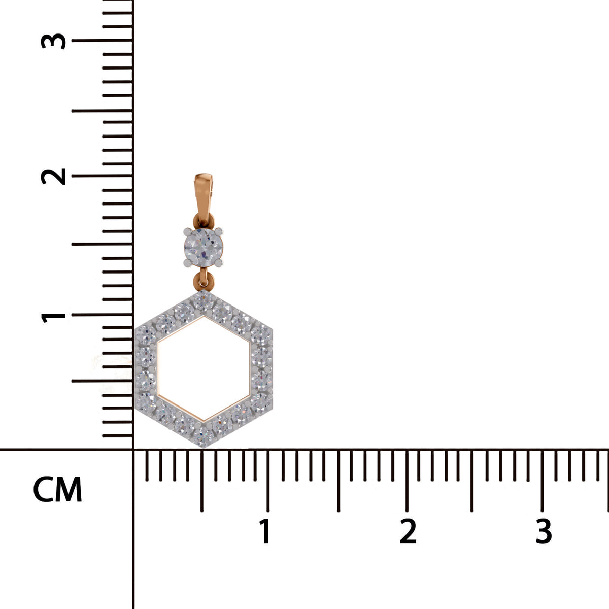 A gold and silver-toned hexagonal pendant with a clear round gemstone, shown next to a centimeter ruler for scale on a white background.