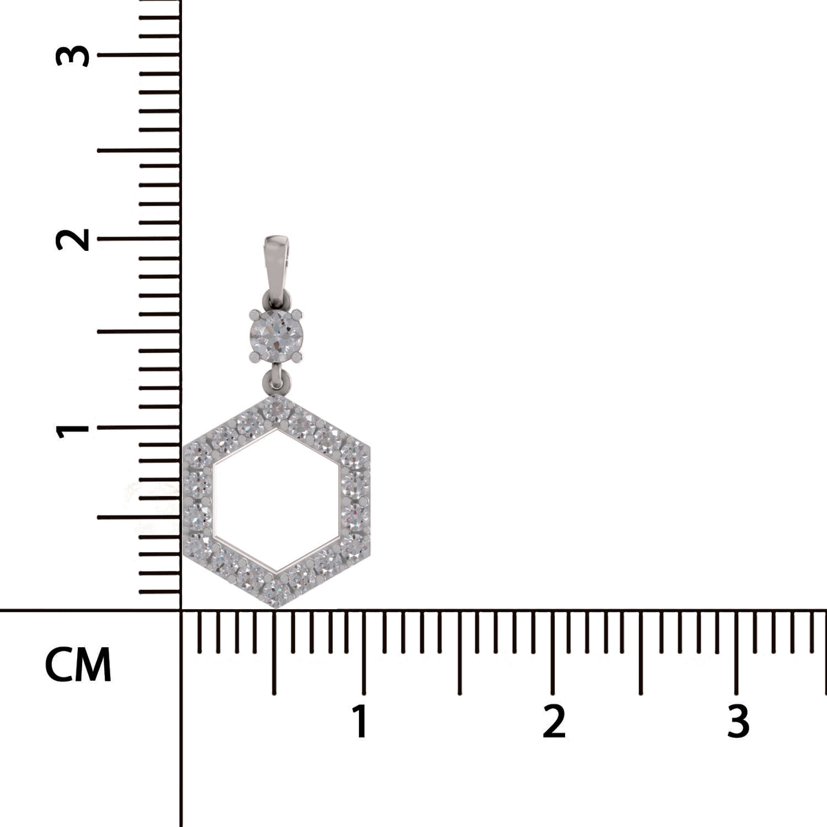 A silver-toned hexagonal pendant with a bezel-set diamond cluster at the bail, shown next to a black ruler with centimeter markings on a white background.