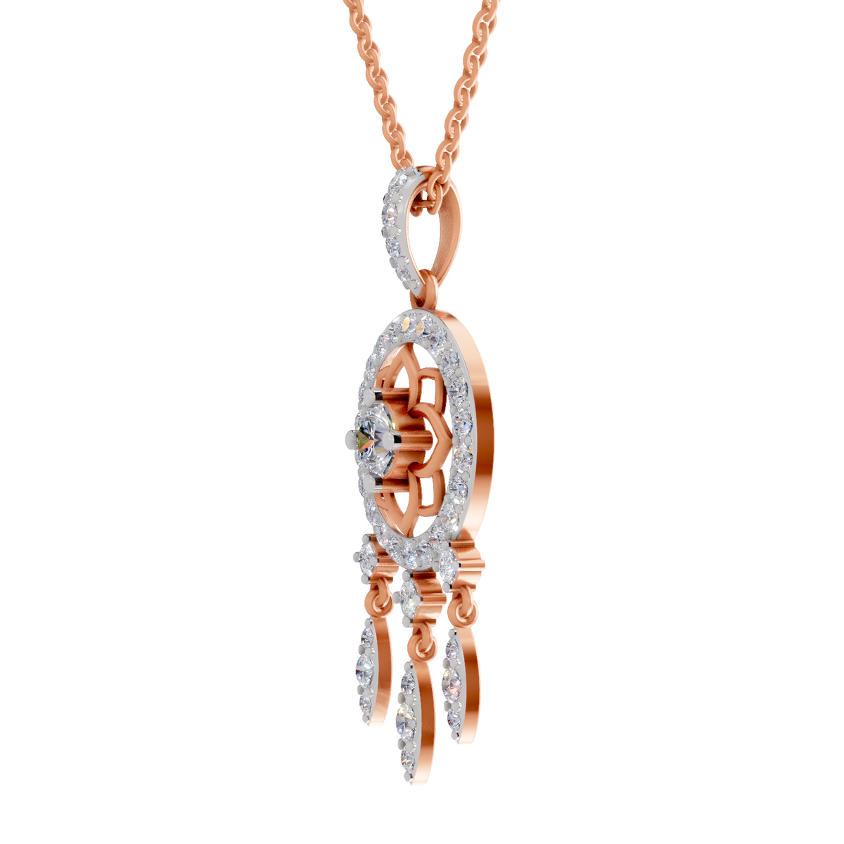 Rose gold and silver pendant necklace on a white background