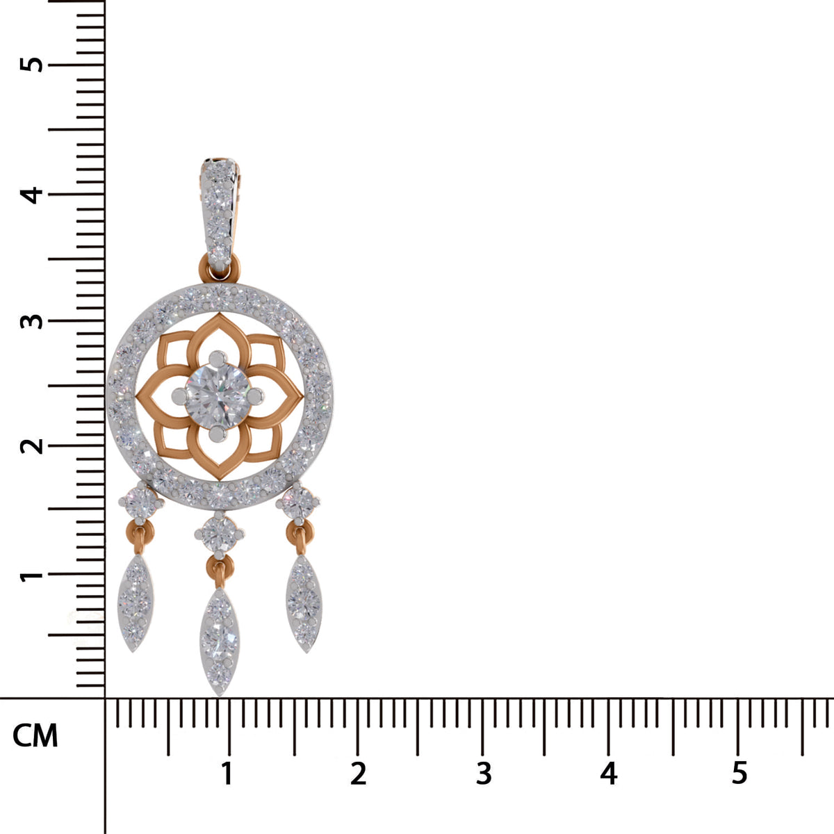 A gold and diamond pendant with a circular frame, floral motif, and three dangling teardrop charms, shown next to a centimeter ruler for scale on a white background.
