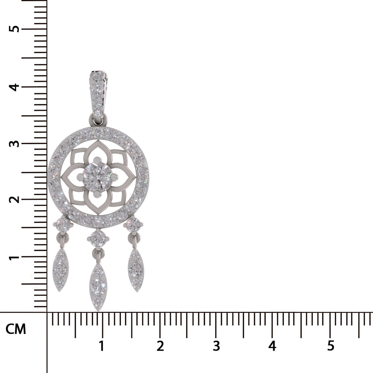 A silver-toned dreamcatcher-style pendant with clear pavé stones, shown next to a black ruler with centimeter markings to indicate scale.