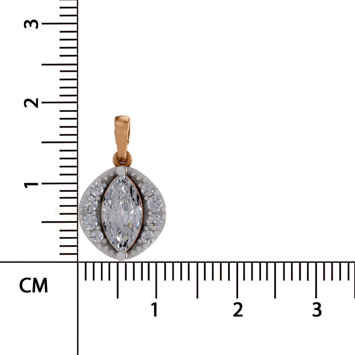 A yellow gold oval pendant with a marquise-cut clear center stone and surrounding pavé-set clear stones, shown next to a centimeter ruler for scale on a white background.