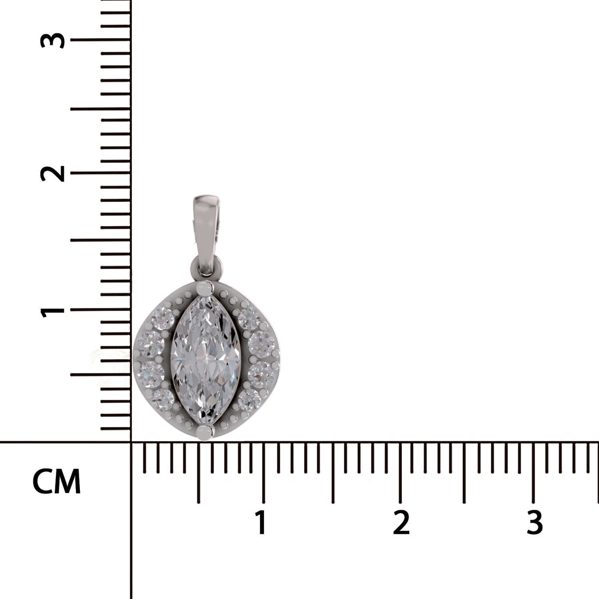 A silver-toned oval pendant with a marquise-cut center stone and surrounding pavé accents, shown next to a centimeter ruler for scale on a white background.