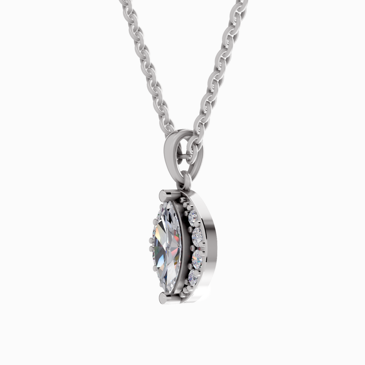 Silver necklace with a round pendant on a white background