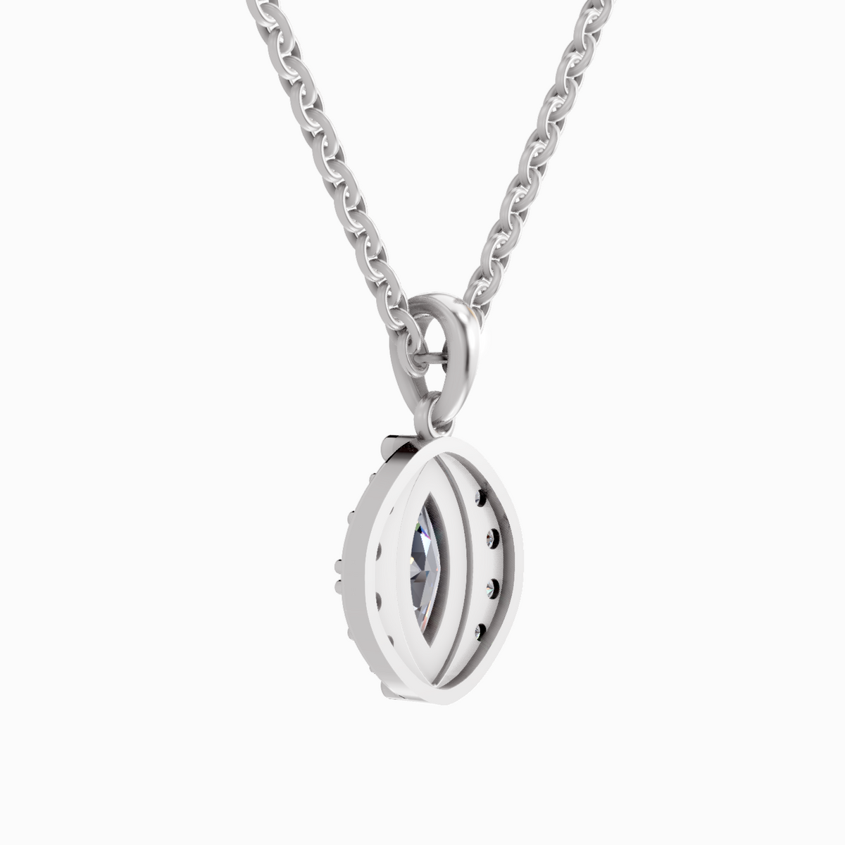 A silver-toned oval pendant necklace with a central clear gemstone, suspended from a matching silver chain against a plain white background.