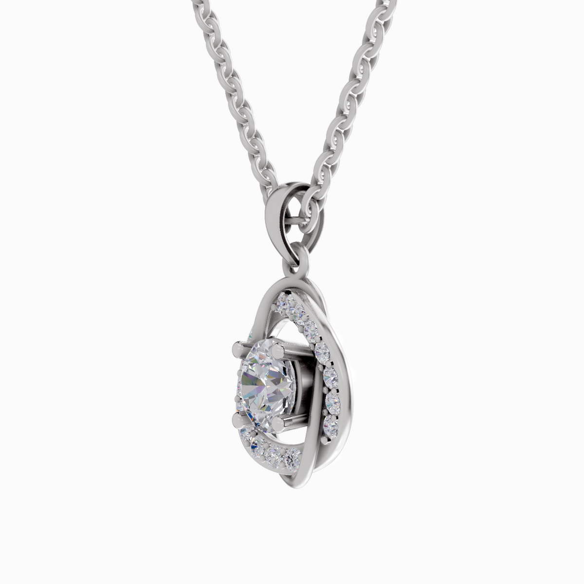 A silver-tone pendant necklace featuring a central oval clear gemstone surrounded by small pavé-set clear stones, suspended from a classic curb chain against a plain white background.
