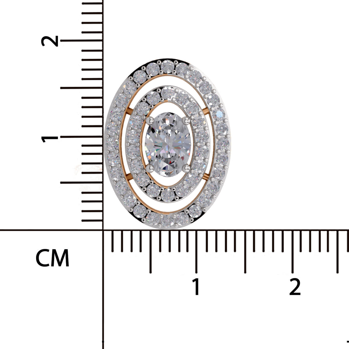 An oval cluster pendant or brooch with a central round clear gemstone surrounded by double rows of small clear stones in a silver-toned setting with gold-toned accents, shown next to a centimeter ruler for scale on a white background.