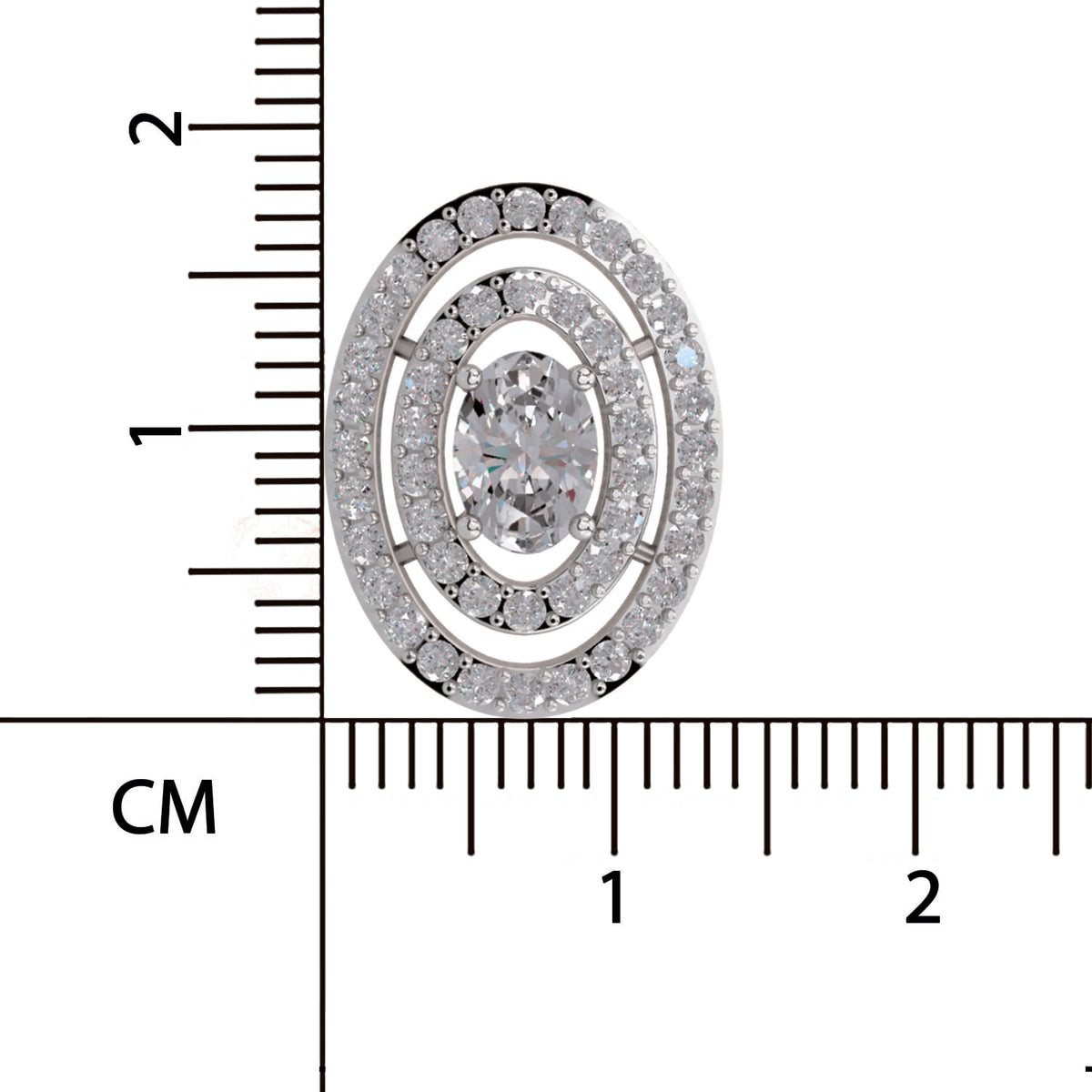 An oval cluster pendant or brooch with a central round clear gemstone surrounded by double rows of small clear stones in a silver-toned setting with gold-toned accents, shown next to a centimeter ruler for scale on a white background.