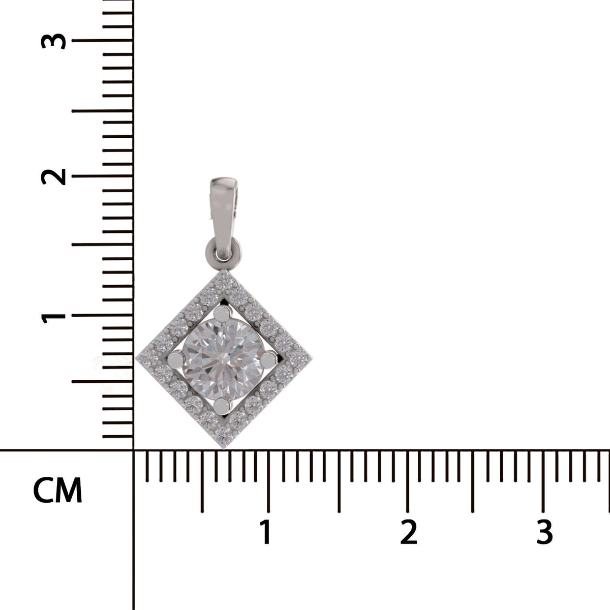 A diamond pendant with a silver-toned halo and bail, shown next to a centimeter ruler for scale on a white background.