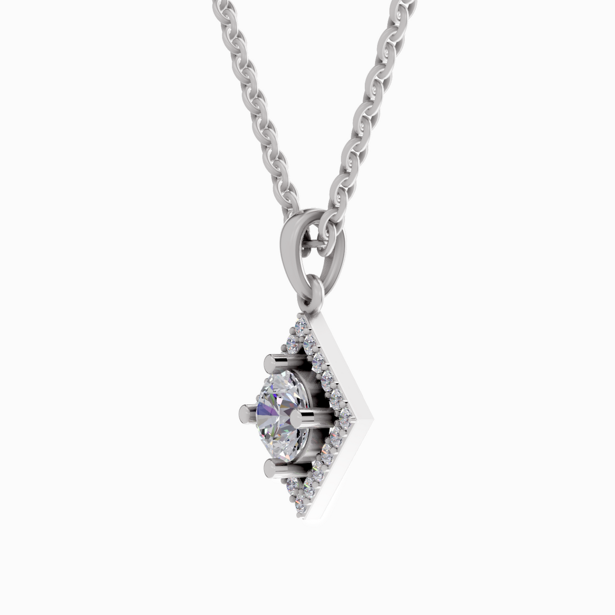 Diamond pendant on a chain against a white background