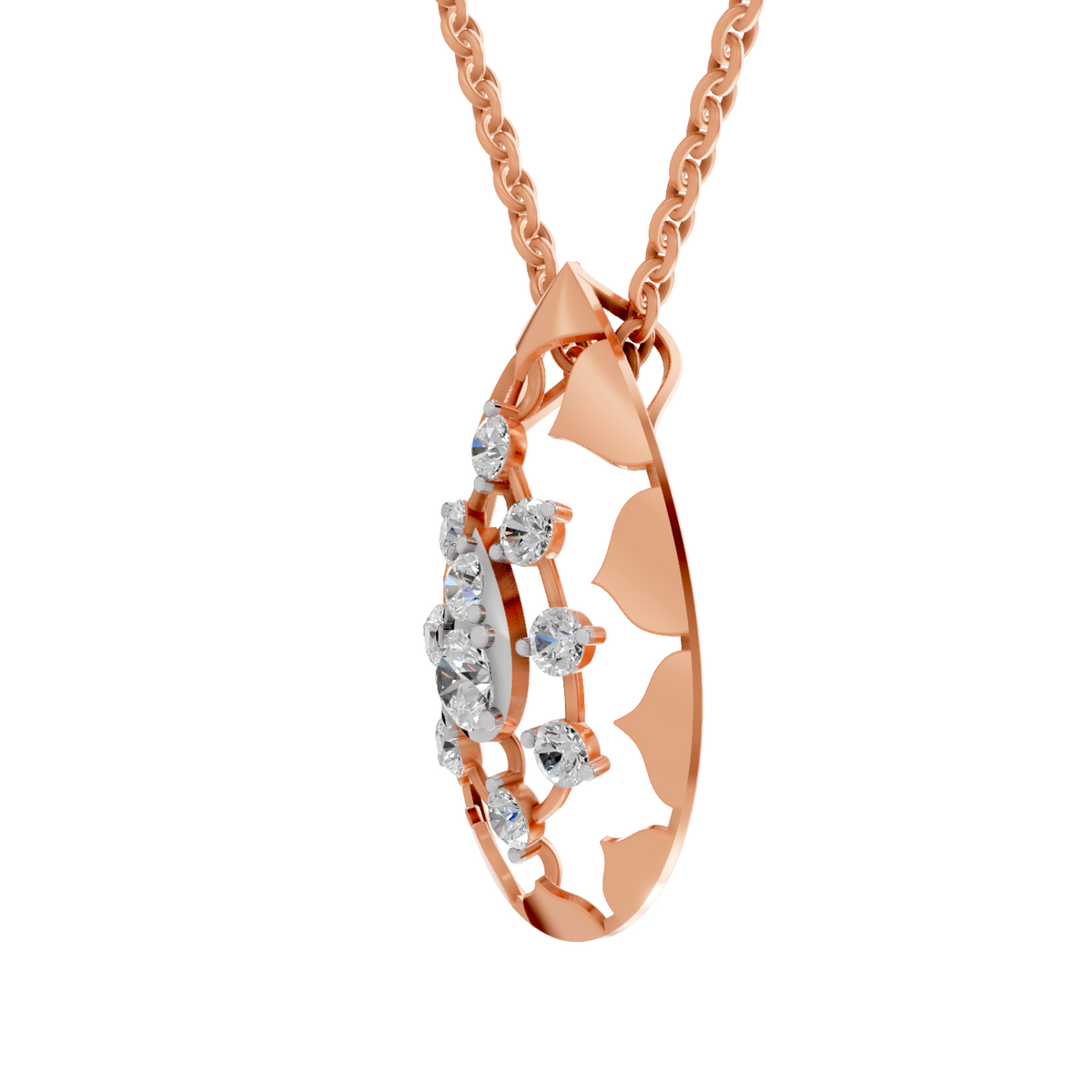 Rose gold necklace with diamond pendant on a white background