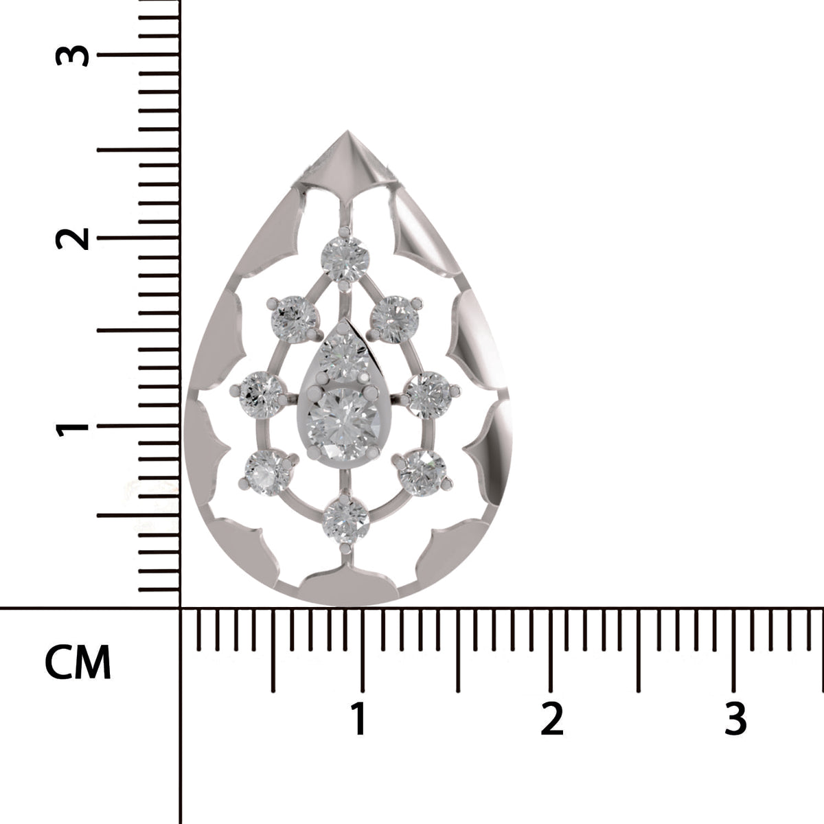 A teardrop-shaped silver pendant with a filigree cutout design and a central cluster of clear gemstones, shown next to a black ruler with centimeter markings to indicate scale.