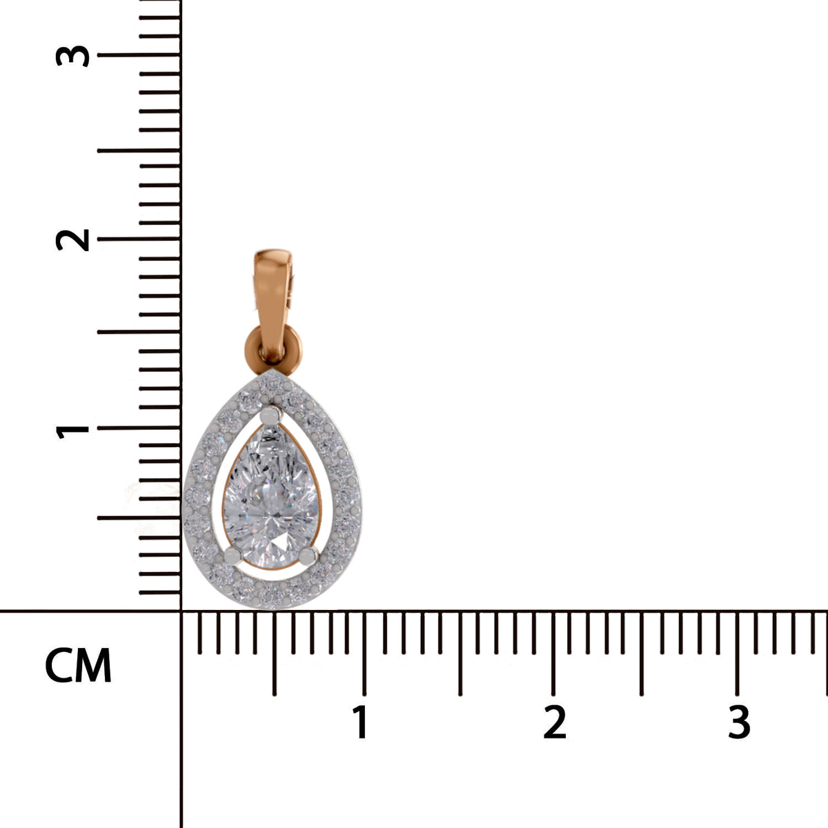 A teardrop-shaped pendant with a yellow gold bail and a silver-toned halo surrounding a central clear gemstone, shown next to a centimeter ruler for scale on a white background.