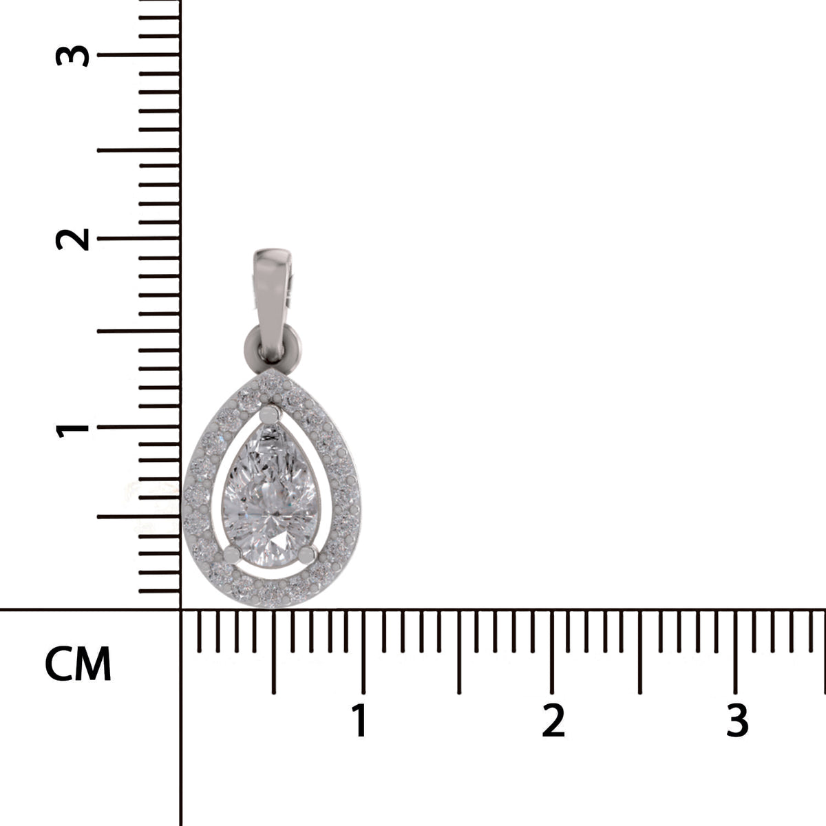 A silver teardrop pendant with a halo and central round gemstone, shown next to a centimeter ruler for scale on a white background.