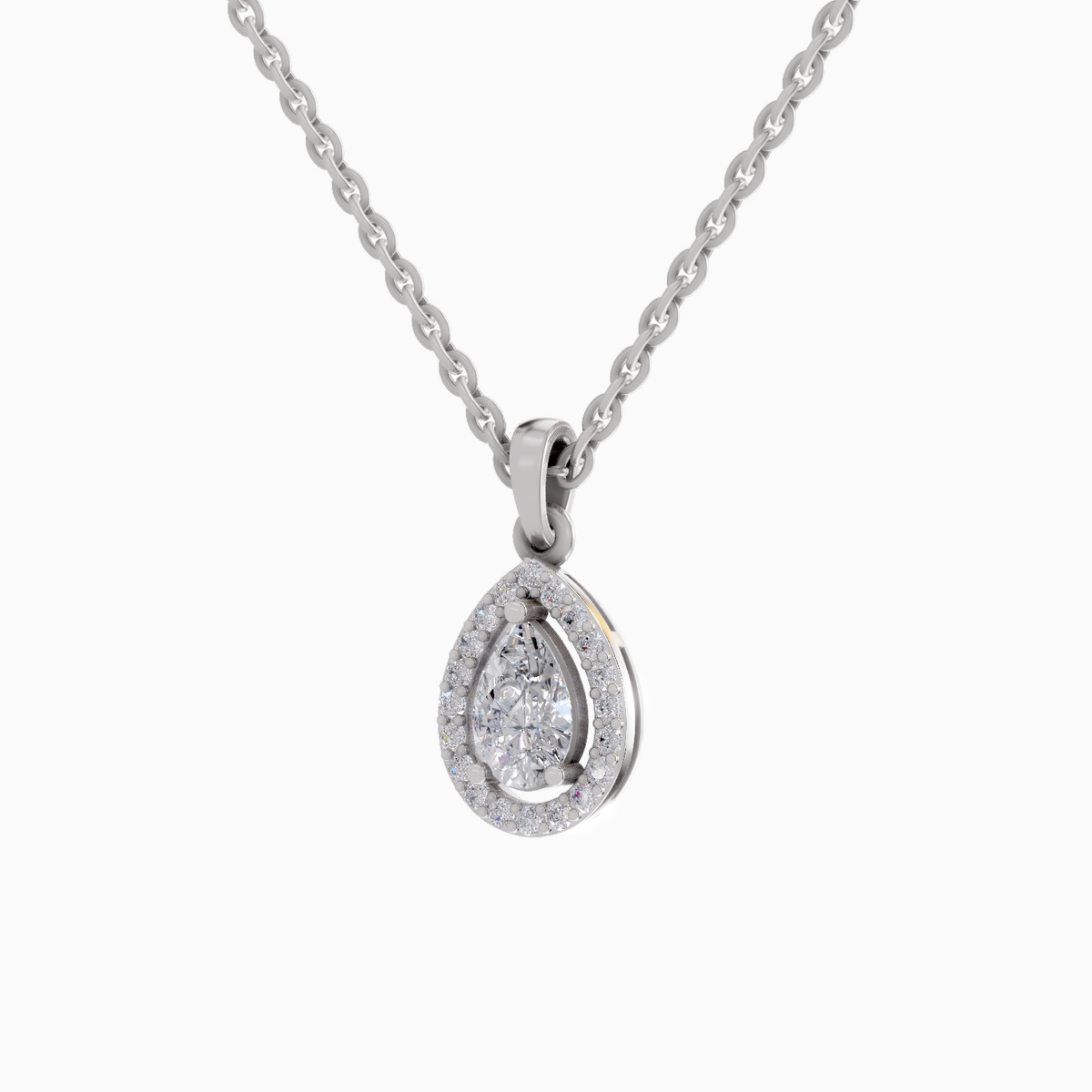 Diamond teardrop pendant on a chain against a white background