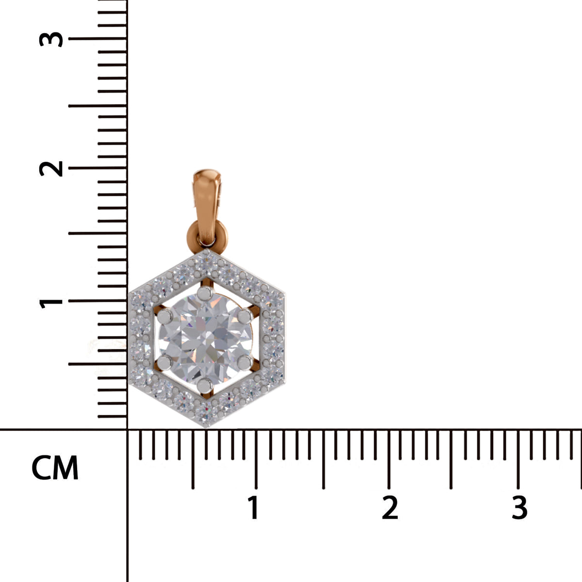 A small hexagonal pendant with a rose gold bail and a halo of clear stones around a central round clear stone, shown next to a centimeter ruler for scale on a white background.