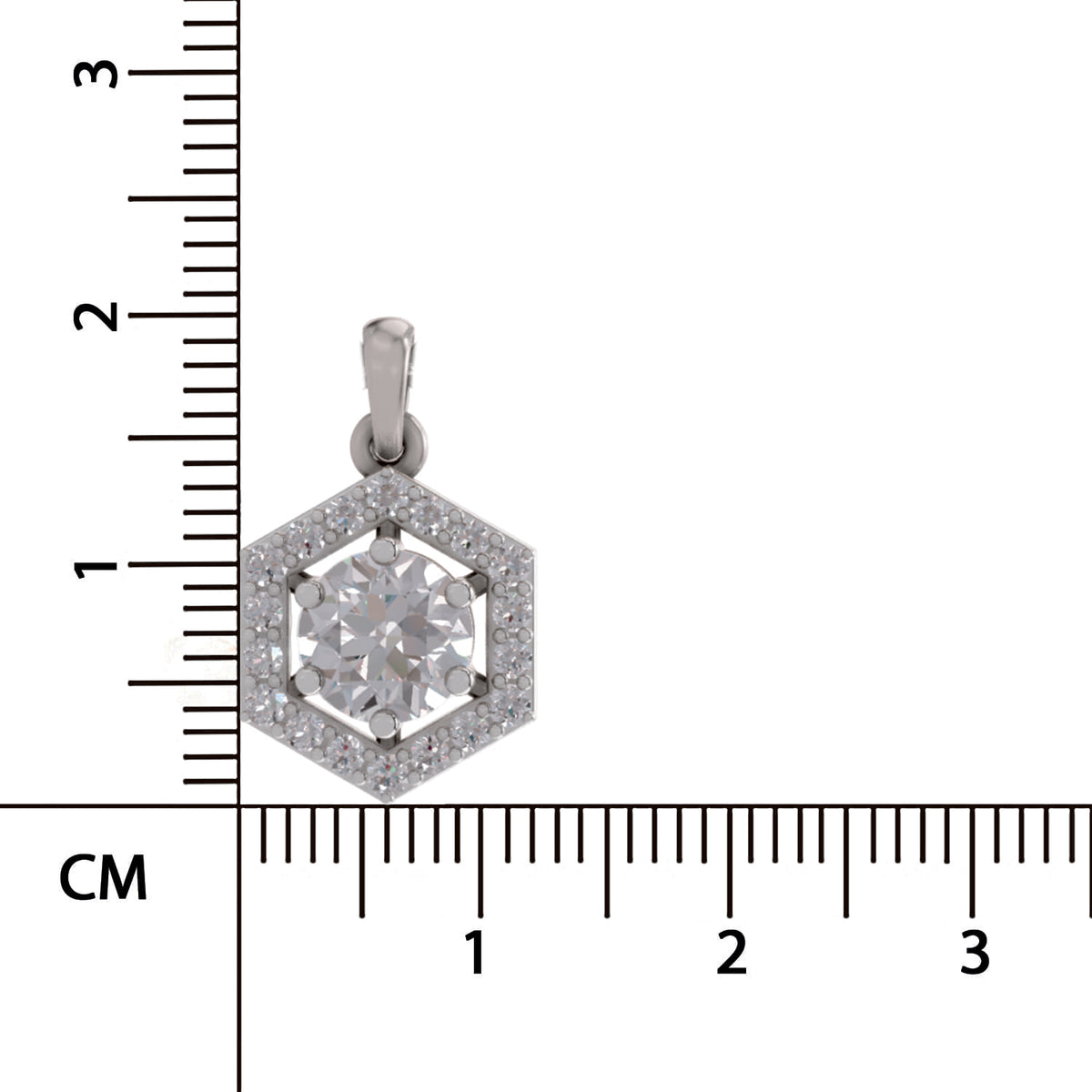 A silver-toned hexagonal pendant with a central round diamond and surrounding pavé-set diamonds, shown next to a centimeter ruler for scale on a white background.