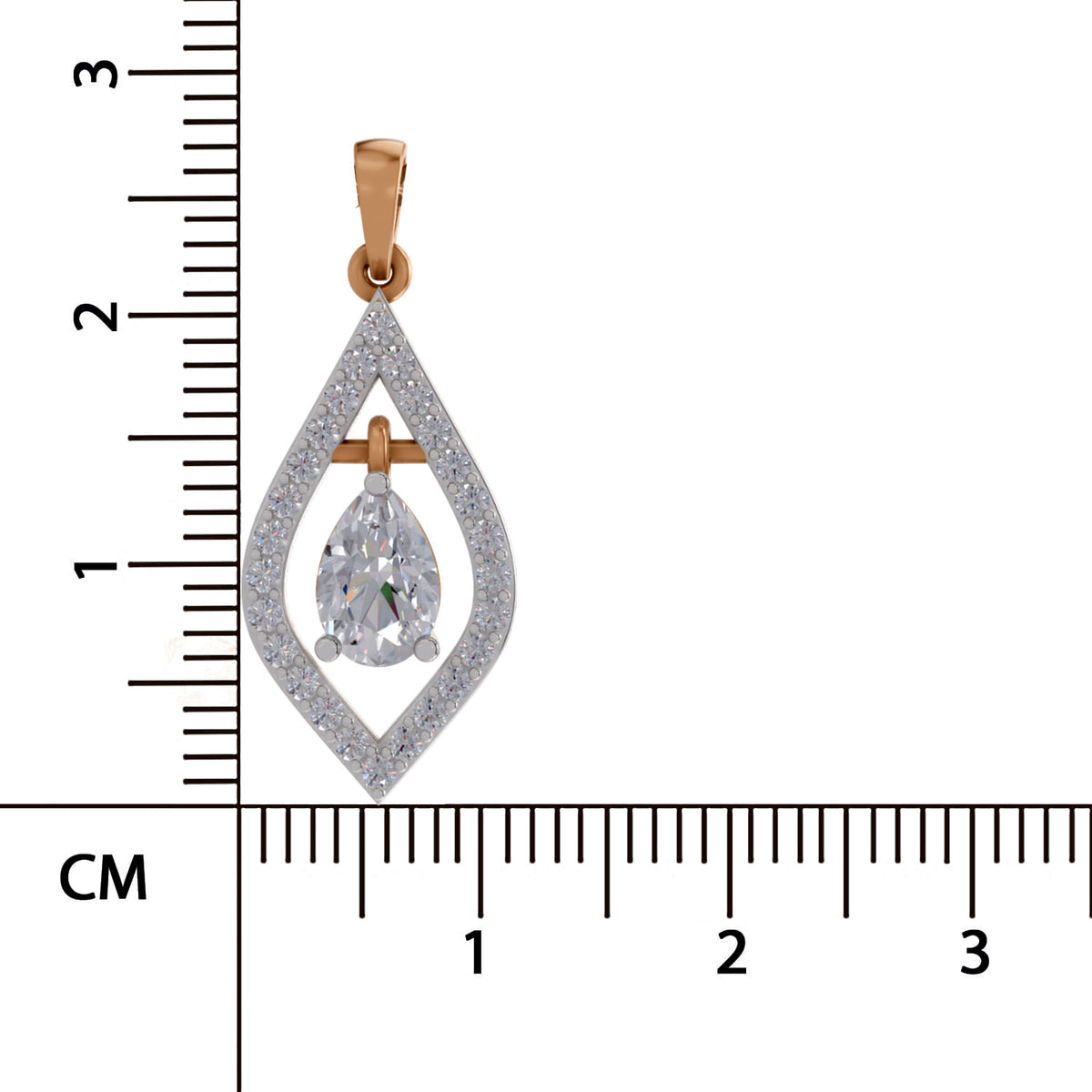 A teardrop-shaped pendant with a rose gold bail and a central pear-cut clear gemstone, surrounded by a halo of small clear stones. The pendant is shown next to a centimeter ruler for scale on a white background.