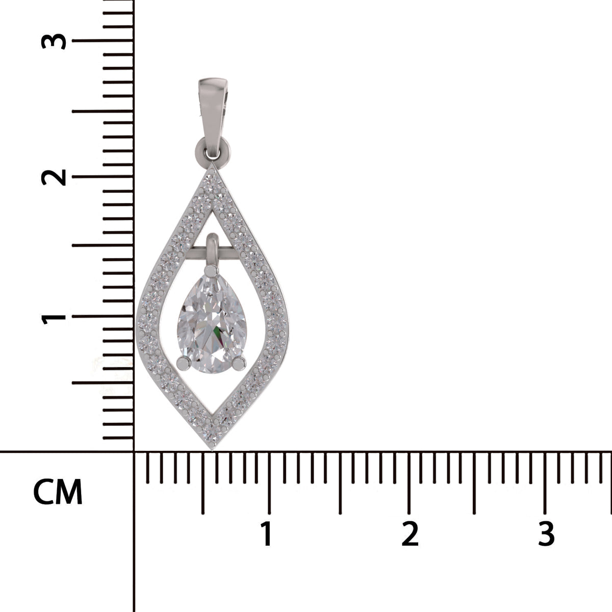 A silver teardrop pendant with a central pear-cut clear gemstone and surrounding pavé-set stones, shown next to a centimeter ruler for scale on a white background.