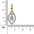 A teardrop-shaped pendant with a yellow gold bail and top bar, featuring a central pear-cut clear gemstone surrounded by a halo of small clear stones, shown next to a centimeter ruler for scale on a white background.