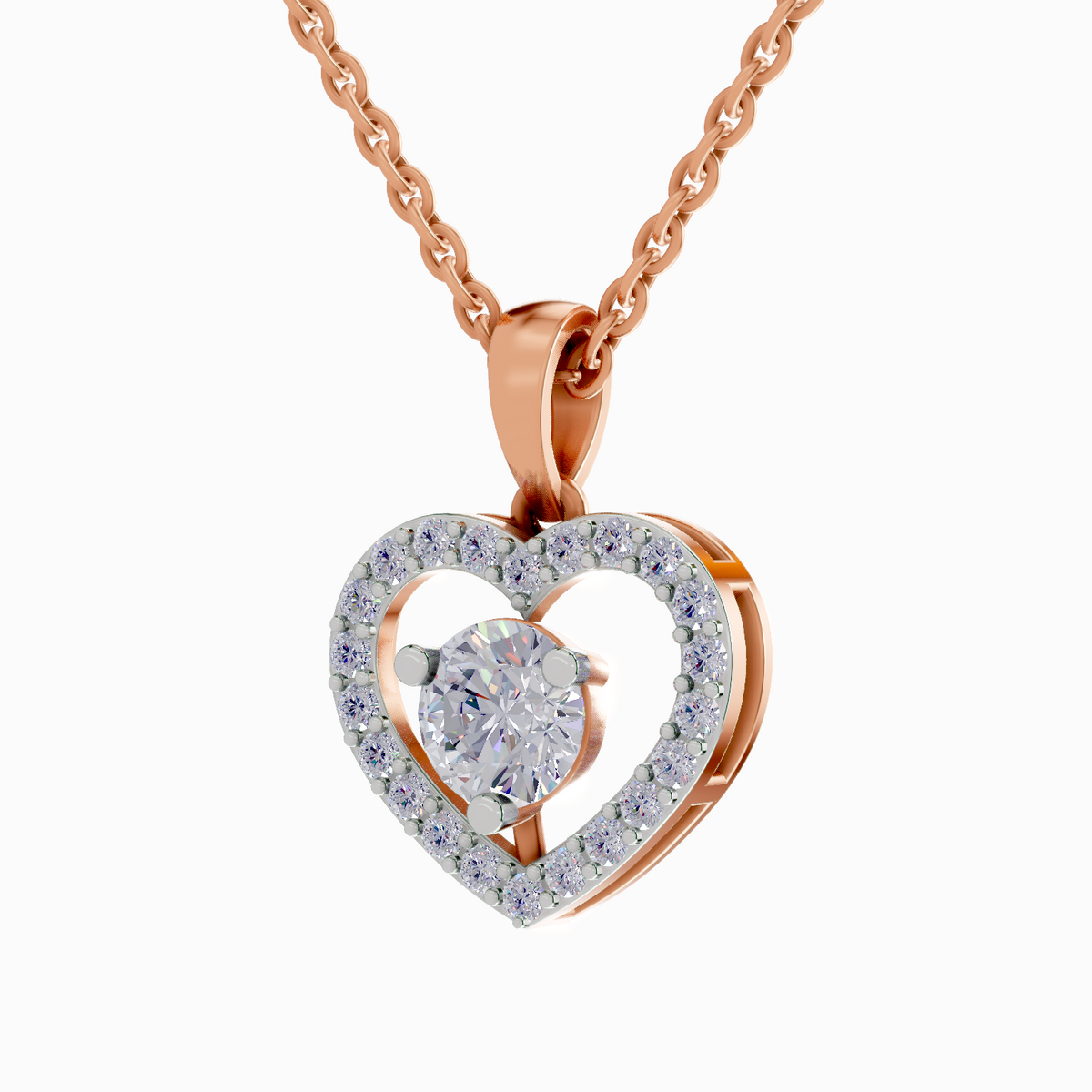 Rose gold heart-shaped pendant with a central diamond on a white background