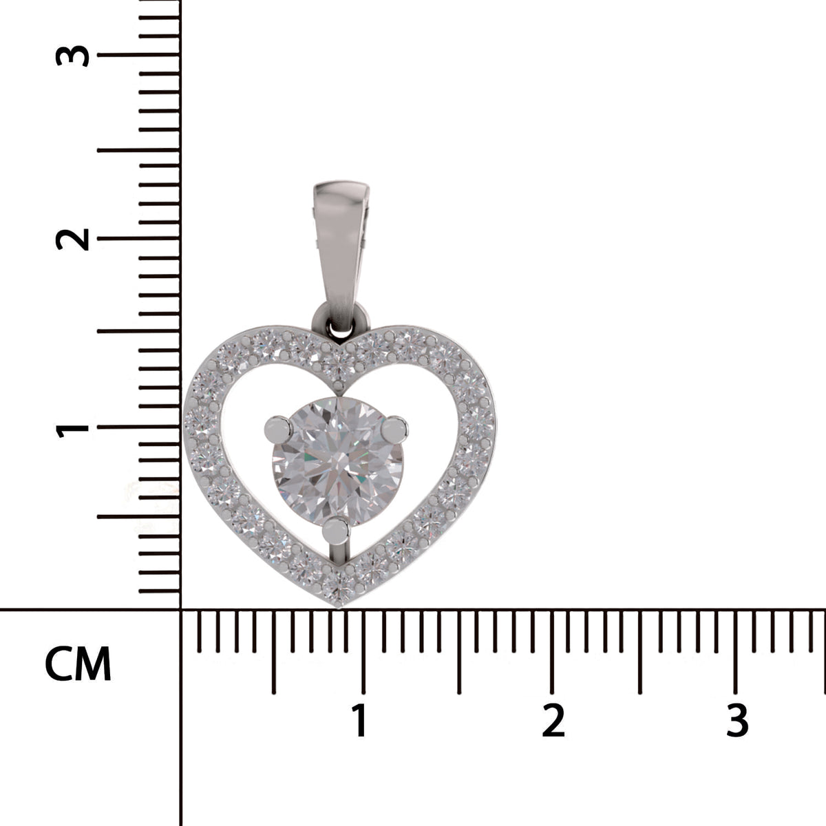 A silver heart-shaped pendant with a central round-cut clear gemstone and a border of small clear stones, shown next to a centimeter ruler for scale on a white background.