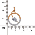 A rose gold pendant with a marquise-cut clear gemstone and a pavé-set circle, shown next to a centimeter ruler for scale on a white background.