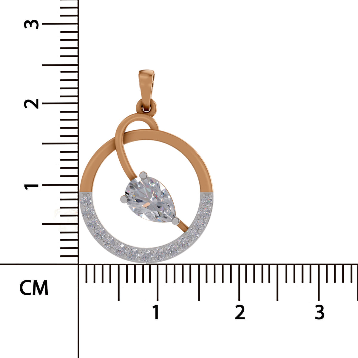 A rose gold pendant with a marquise-cut clear gemstone and a pavé-set circle, shown next to a centimeter ruler for scale on a white background.