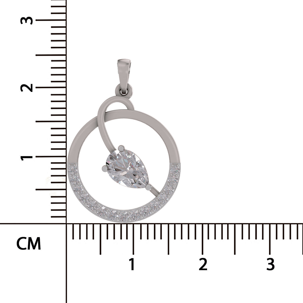 A silver pendant with a marquise-cut clear gemstone and a circle accented with small clear stones, shown next to a centimeter ruler for scale on a white background.