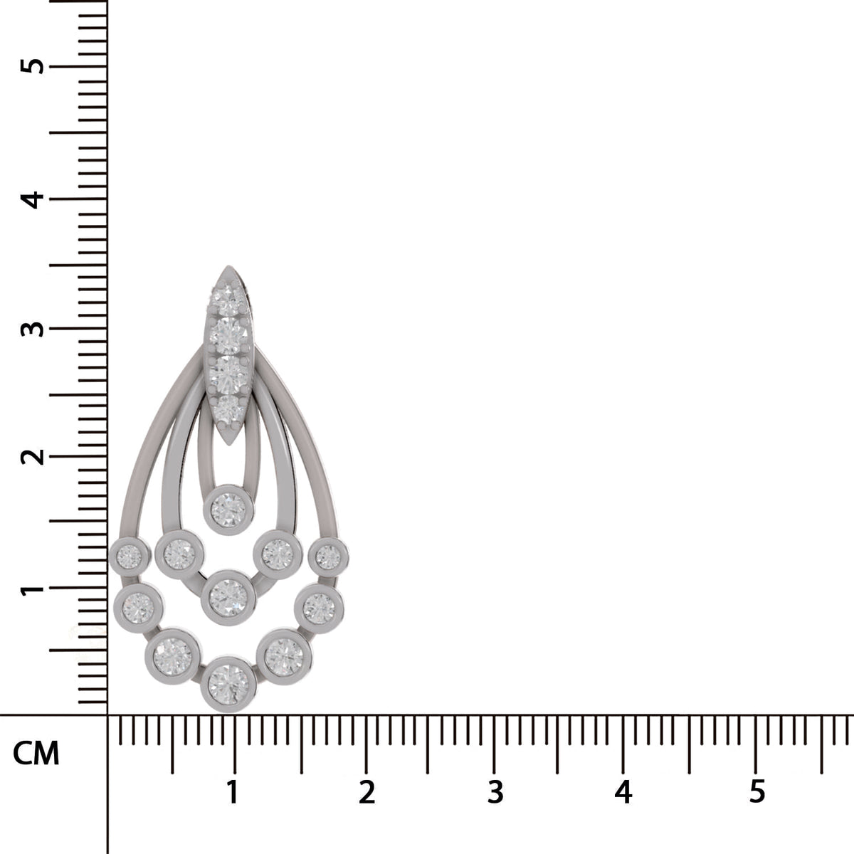 A silver-toned teardrop-shaped earring with multiple round-cut clear stones, shown next to a black ruler with centimeter markings to indicate scale on a white background.