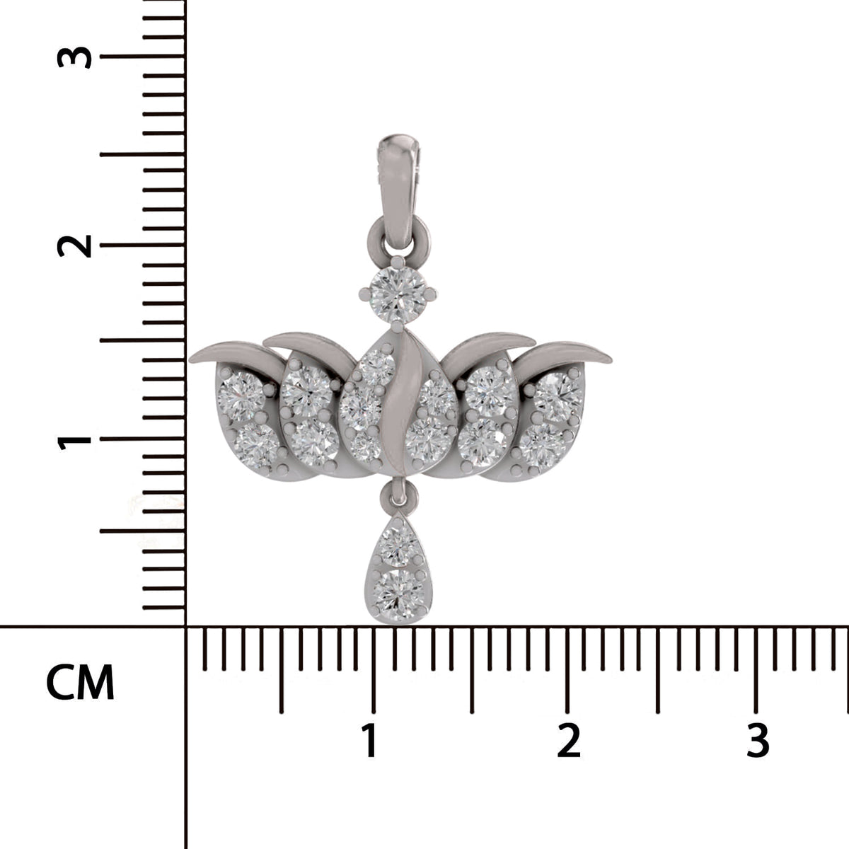 A silver pendant with pavé-set clear stones, featuring a teardrop-shaped drop and a small diamond accent, shown next to a centimeter ruler for scale on a white background.