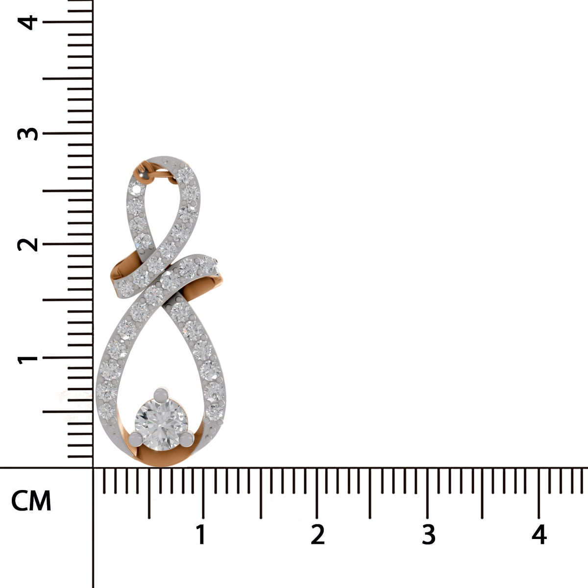 A gold and white stone infinity-shaped pendant with a central round diamond, shown next to a centimeter ruler for scale on a white background.