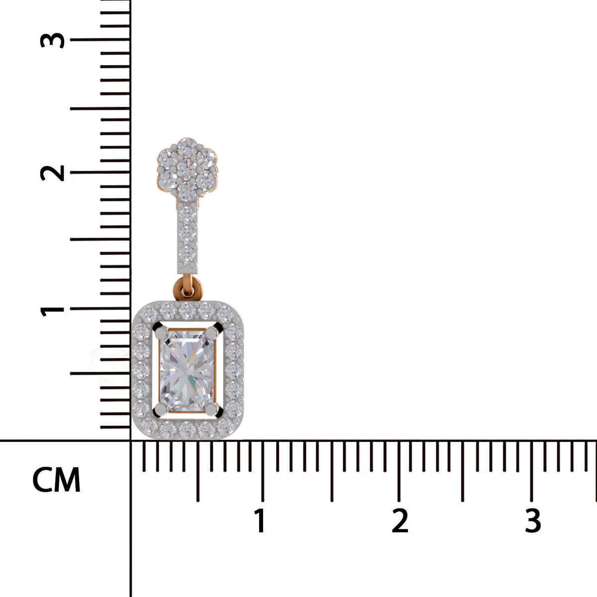 A rectangular diamond pendant with a gold and diamond halo, shown next to a centimeter ruler for scale on a white background.