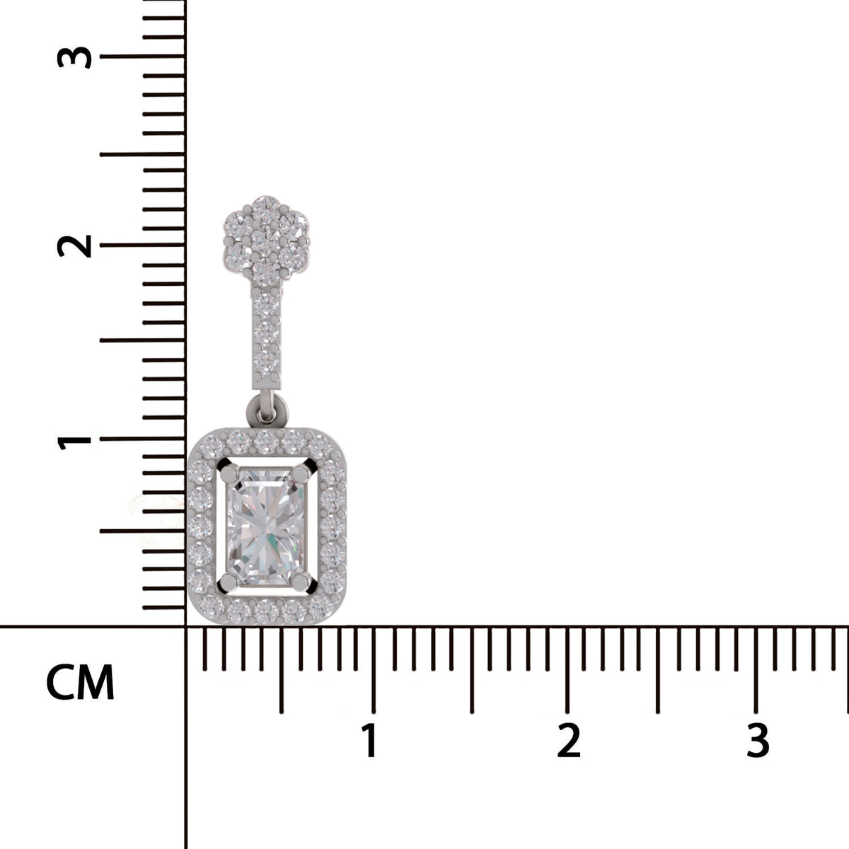 A rectangular emerald-cut diamond pendant with a halo setting and a floral-shaped bail, shown next to a centimeter ruler for scale on a white background.