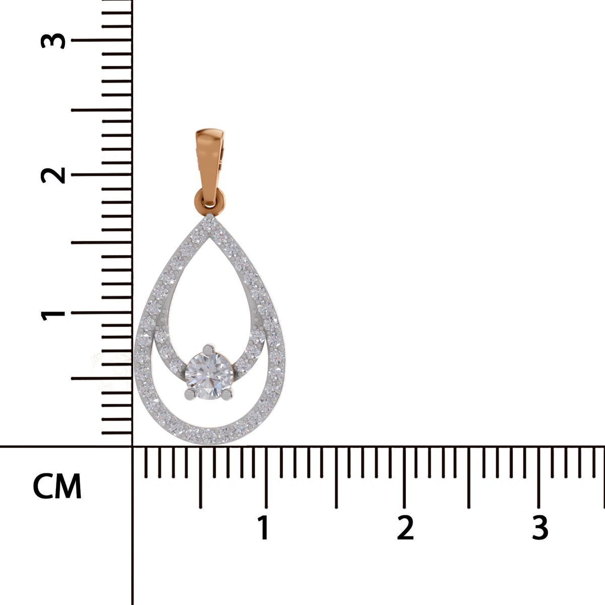 A teardrop-shaped pendant in rose gold with a pavé diamond setting and a central round-cut diamond, shown next to a black ruler with centimeter markings to indicate its size.