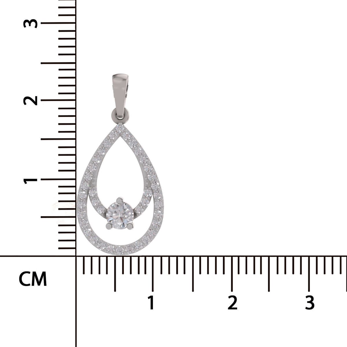 A silver teardrop-shaped pendant with a central heart-shaped clear gemstone, displayed next to a centimeter ruler to show its size.