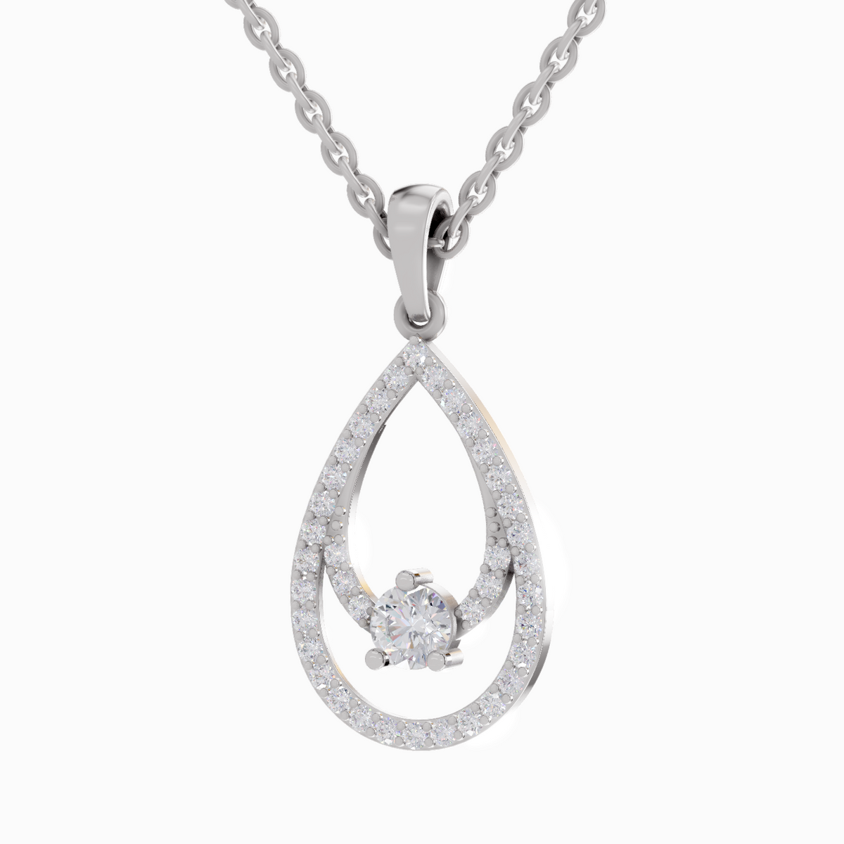 Silver teardrop-shaped pendant with a chain on a white background