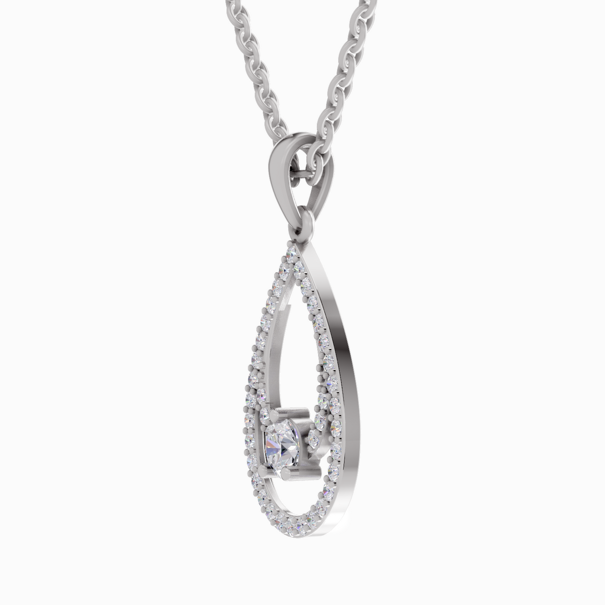 A silver teardrop pendant necklace featuring a central round-cut clear gemstone surrounded by a halo of small clear stones, suspended from a silver chain on a light gray background.