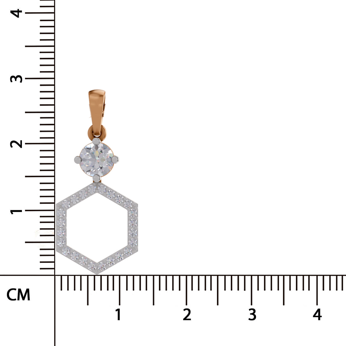 A close-up product photo of a pendant on a white background with a centimeter ruler on the left and bottom edges for scale. The pendant has a rose gold bail, a round clear gemstone, and a hexagonal openwork design set with small clear stones.