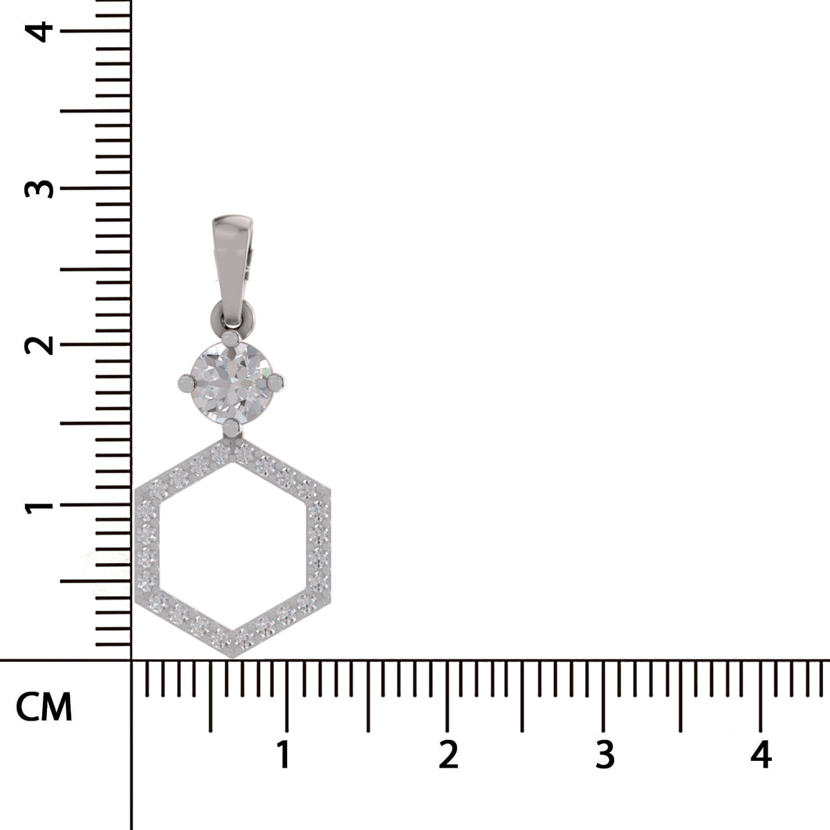 A silver-toned hexagonal pendant with a round clear gemstone at the top, shown next to a centimeter ruler for scale on a white background.