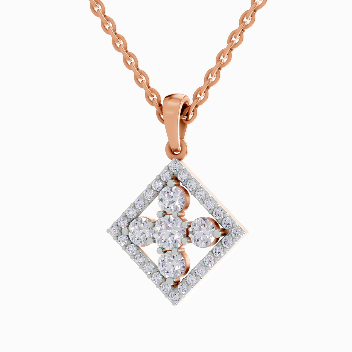 Rose gold necklace with a diamond pendant on a white background