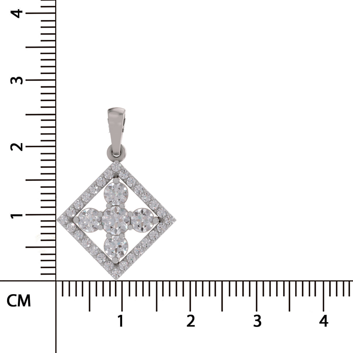 A diamond-shaped silver pendant with a four-petal floral design set with clear stones, shown next to a centimeter ruler for scale on a white background.