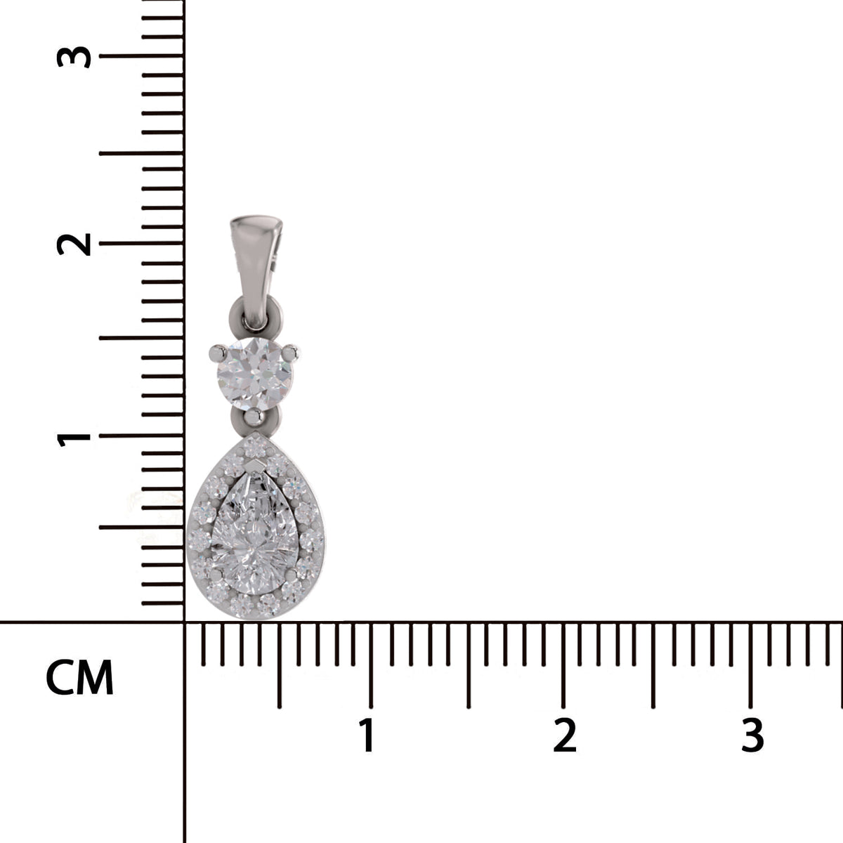 A silver teardrop-shaped pendant with a small heart-shaped cluster of clear stones above a larger teardrop cluster, shown next to a black ruler with centimeter markings on a white background.